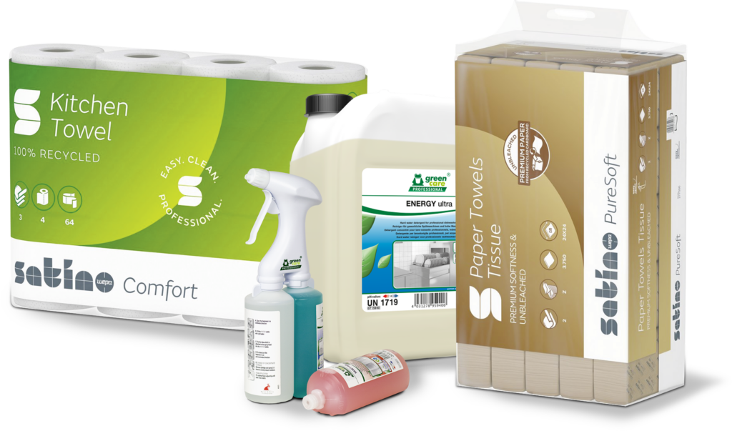 Satino comfort/Satino PureSoft/green care energy ultra/kitchen towel/paper towels/easy clean/professional/NL Verpackung